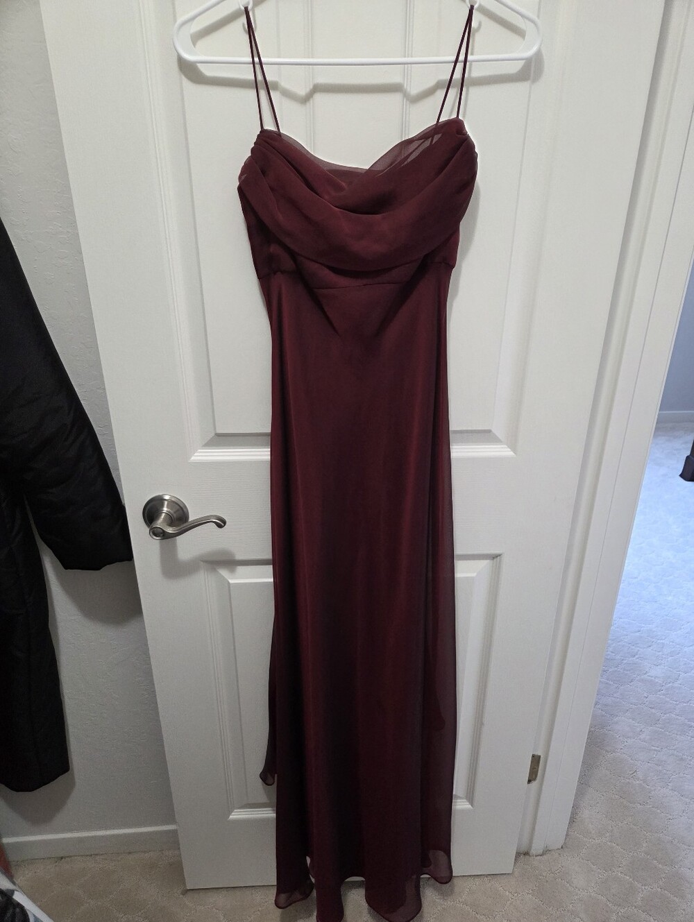 Betsy & Adam Burgundy Evening Gown